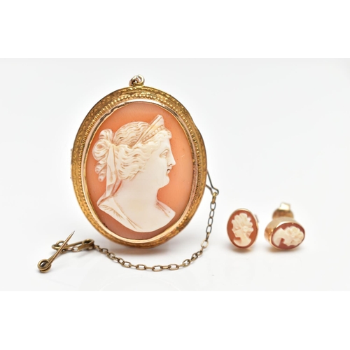 11 - A 19TH CENTURY CAMEO PENDANT AND MODERN CAMEO EARRINGS, a portrait shell cameo of a lady facing righ... 