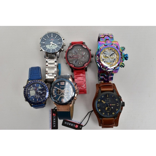 113 - A SELECTION OF GENTS WRISTWATCHES, to include 'Invicta, joker' wristwatch, two 'Curren' chronograph ... 