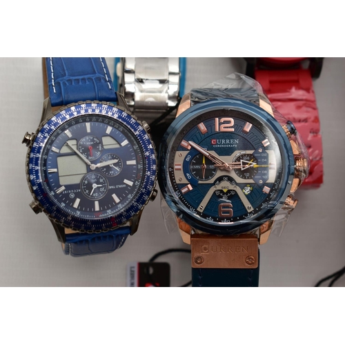 113 - A SELECTION OF GENTS WRISTWATCHES, to include 'Invicta, joker' wristwatch, two 'Curren' chronograph ... 