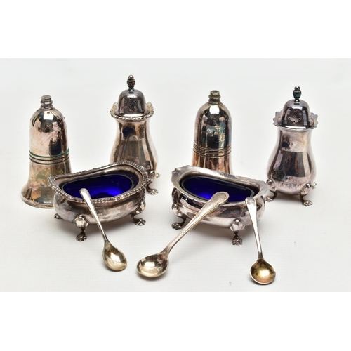 116 - SILVER SALTS, PEPPERETTES AND OTHER ITEMS, to include a silver pepperette raised on four paw feet, t... 