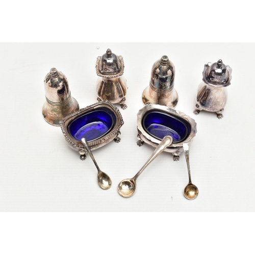 116 - SILVER SALTS, PEPPERETTES AND OTHER ITEMS, to include a silver pepperette raised on four paw feet, t... 