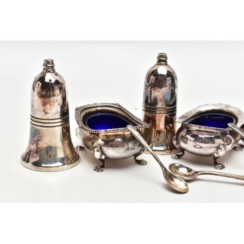 116 - SILVER SALTS, PEPPERETTES AND OTHER ITEMS, to include a silver pepperette raised on four paw feet, t... 