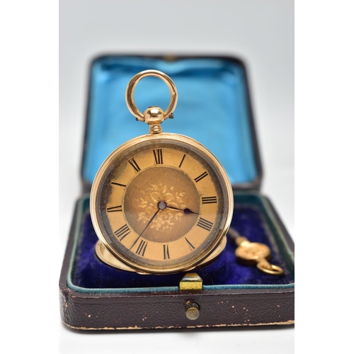 12 - A LATE 19TH CENTURY 18CT GOLD POCKET WATCH, a ladys key wound pocket watch, gold tone floral dial, R... 