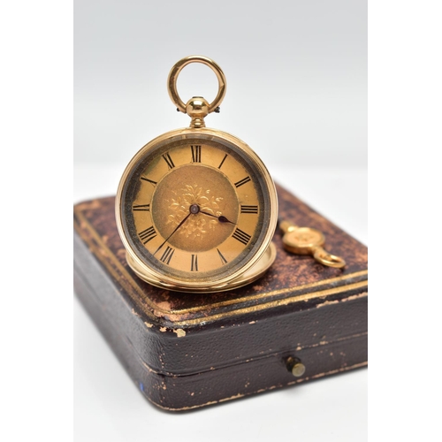 12 - A LATE 19TH CENTURY 18CT GOLD POCKET WATCH, a ladys key wound pocket watch, gold tone floral dial, R... 