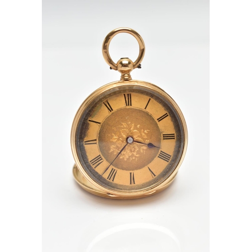 12 - A LATE 19TH CENTURY 18CT GOLD POCKET WATCH, a ladys key wound pocket watch, gold tone floral dial, R... 