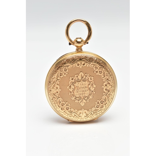 12 - A LATE 19TH CENTURY 18CT GOLD POCKET WATCH, a ladys key wound pocket watch, gold tone floral dial, R... 