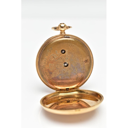 12 - A LATE 19TH CENTURY 18CT GOLD POCKET WATCH, a ladys key wound pocket watch, gold tone floral dial, R... 