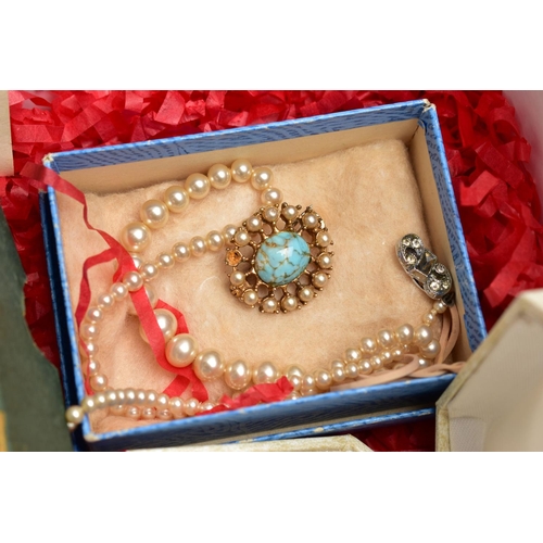 124 - A BOX OF ASSORTED JEWELLERY ITEMS, to include imitation pearls, two yellow metal articulated bracele... 