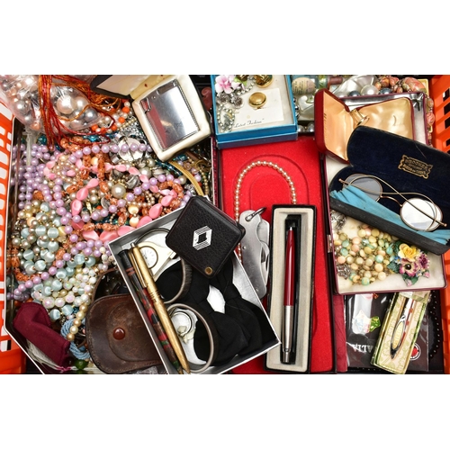 126 - A BASKET OF COSTUME JEWELLERY AND ITEMS, to include various beaded necklaces, imitation pearl neckla... 