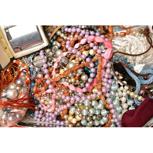 126 - A BASKET OF COSTUME JEWELLERY AND ITEMS, to include various beaded necklaces, imitation pearl neckla... 