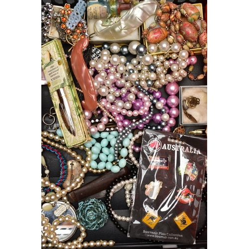 126 - A BASKET OF COSTUME JEWELLERY AND ITEMS, to include various beaded necklaces, imitation pearl neckla... 