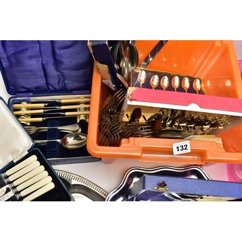 132 - TWO PLASTIC BOXES OF CUTLERY AND WHITE METAL WARE, to include three white metal trays, a white metal... 