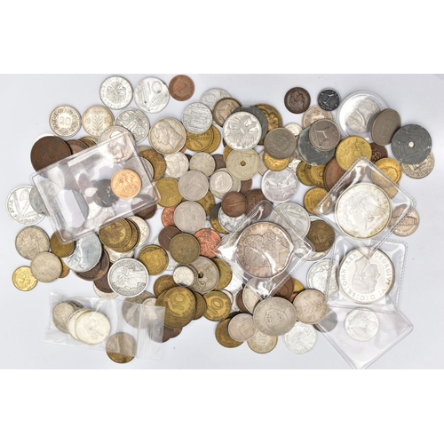 135 - A SMALL BAG OF COINS, to include an Edward VII gold half sovereign coin 1910, two Morgan dollar coin... 