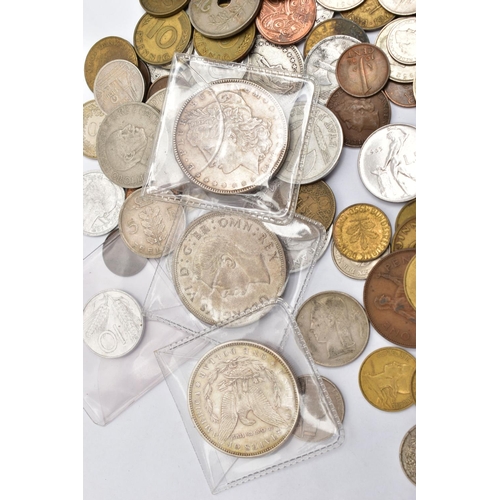 135 - A SMALL BAG OF COINS, to include an Edward VII gold half sovereign coin 1910, two Morgan dollar coin... 