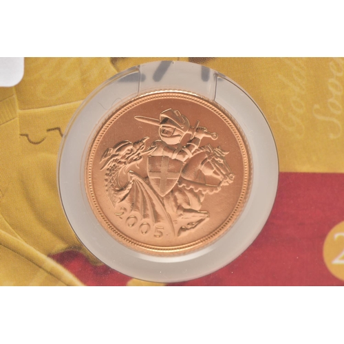 136 - A ROYAL MINT 2005 CARDED 22CT GOLD SOVEREIGN, with only a one year Timothy Noad reverse design with ... 