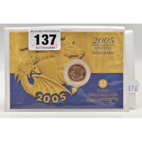 137 - A ROYAL MINT 2005 CARDED 22CT GOLD HALF SOVEREIGN, the reverse designed by Timothy Noad for a single... 