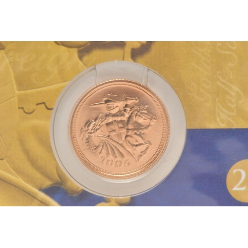 137 - A ROYAL MINT 2005 CARDED 22CT GOLD HALF SOVEREIGN, the reverse designed by Timothy Noad for a single... 