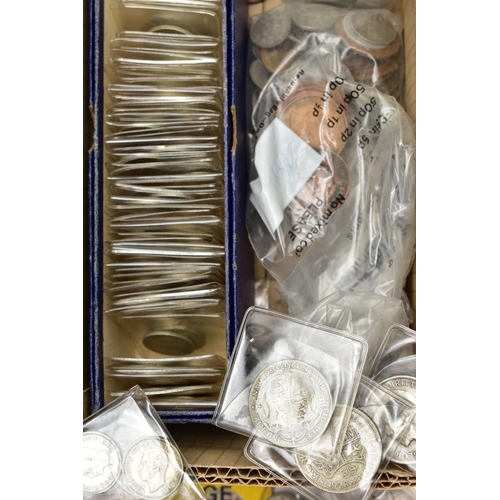 141 - TWO HEAVY BOXES OF MAINLY UK COINAGE, to include over 900 grams of pre 1947 silver coins with a smal... 