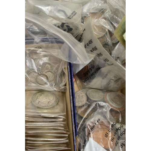 141 - TWO HEAVY BOXES OF MAINLY UK COINAGE, to include over 900 grams of pre 1947 silver coins with a smal... 