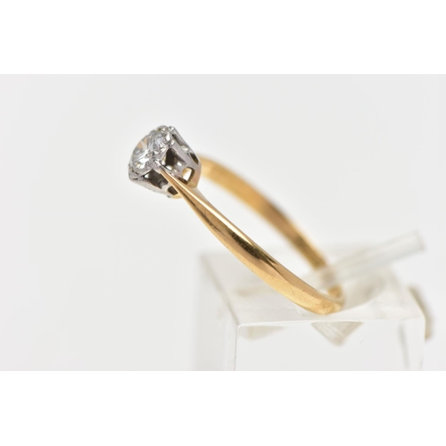 145 - A YELLOW METAL DIAMOND SINGLE STONE RING, the brilliant cut diamond, to the tapered shoulders and pl... 