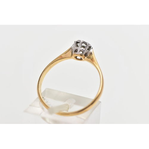 145 - A YELLOW METAL DIAMOND SINGLE STONE RING, the brilliant cut diamond, to the tapered shoulders and pl... 