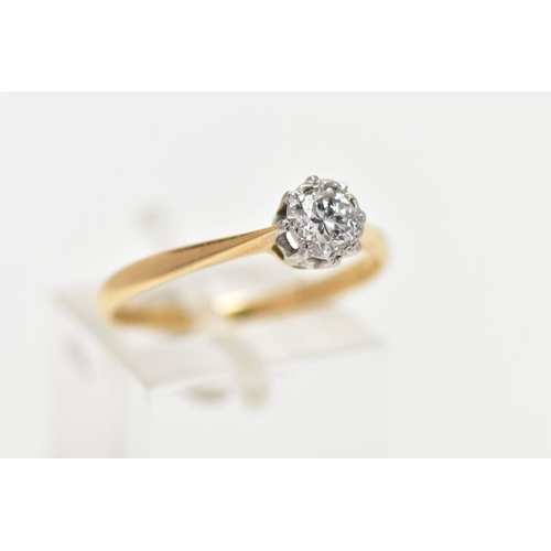 145 - A YELLOW METAL DIAMOND SINGLE STONE RING, the brilliant cut diamond, to the tapered shoulders and pl... 