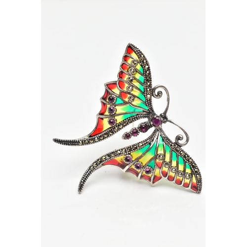 16 - A WHITE METAL PLIQUE A JOUR GEM SET BUTTERFLY BROOCH, the ruby cabochon body, with circular cut ruby... 