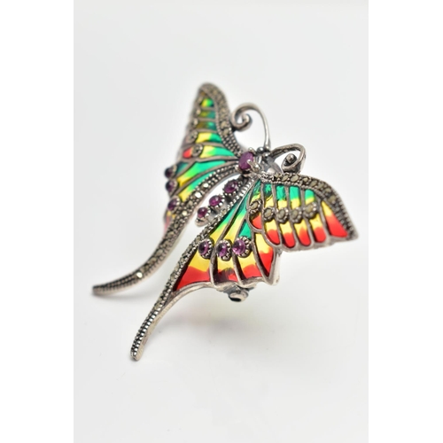 16 - A WHITE METAL PLIQUE A JOUR GEM SET BUTTERFLY BROOCH, the ruby cabochon body, with circular cut ruby... 