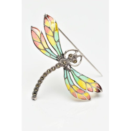 17 - A WHITE METAL PLIQUE A JOUR MARCASITE DRAGONFLY BROOCH, the marcasite body and eyes, with vari hue e... 