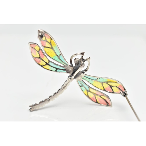 17 - A WHITE METAL PLIQUE A JOUR MARCASITE DRAGONFLY BROOCH, the marcasite body and eyes, with vari hue e... 