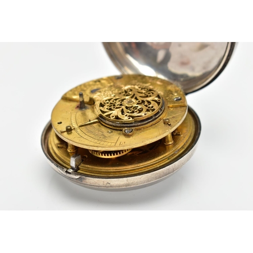 18 - A WHITE METAL PAIR CASED FUSEE POCKET WATCH, AF the open face circular white dial, with Arabic hourl... 