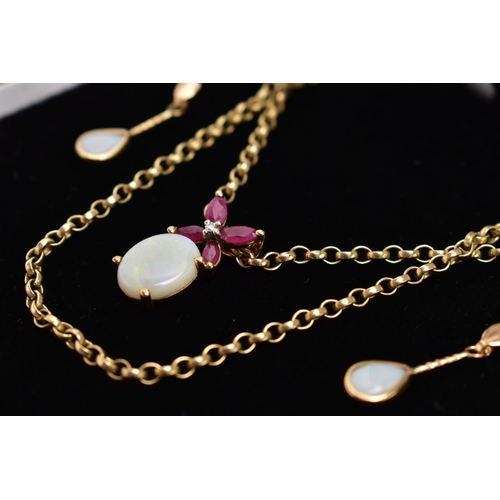 26 - A SET OF YELLOW METAL OPAL, RUBY AND DIAMOND JEWELLERY, to include a necklace set with an oval opal ... 