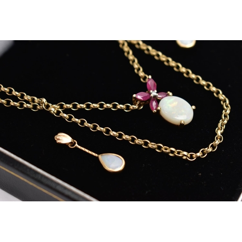 26 - A SET OF YELLOW METAL OPAL, RUBY AND DIAMOND JEWELLERY, to include a necklace set with an oval opal ... 