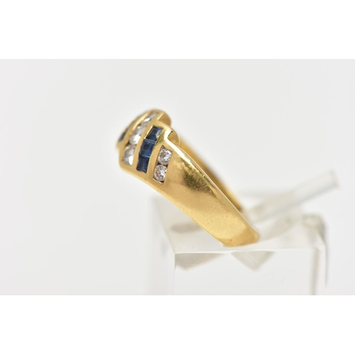 27 - A YELLOW METAL SAPPHIRE AND DIAMOND DRESS RING, of geometric design, the principal brilliant cut cen... 