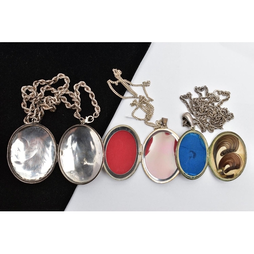 28 - A SELECTION OF SILVER AND WHITE METAL LOCKETS, WITH CHAINS, the first a silver embossed oval locket,... 