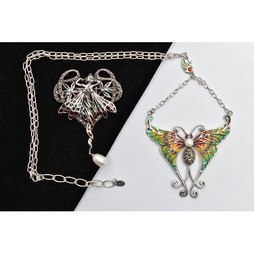 29 - A SET OF WHITE METAL PLIQUE A JOUR AND GEM SET JEWELLERY, to include a butterfly necklace, with circ... 