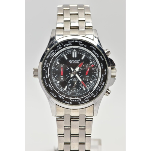 31 - A GENTLEMANS STAINLESS STEEL SEKONDA CHRONOGRAPH WRISTWATCH, round black dial signed 'Sekonda', bato... 