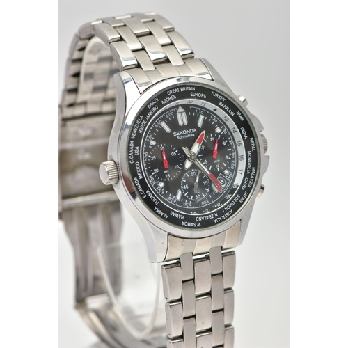 31 - A GENTLEMANS STAINLESS STEEL SEKONDA CHRONOGRAPH WRISTWATCH, round black dial signed 'Sekonda', bato... 