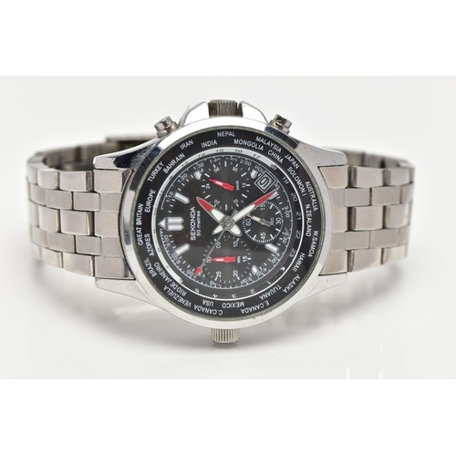 31 - A GENTLEMANS STAINLESS STEEL SEKONDA CHRONOGRAPH WRISTWATCH, round black dial signed 'Sekonda', bato... 