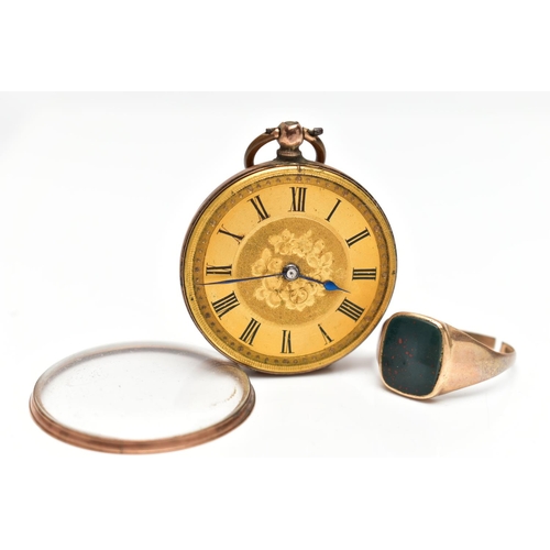 35 - A 9CT GOLD RING AND YELLOW METAL POCKET WATCH, a yellow gold AF signet ring, inlay set with bloodsto... 