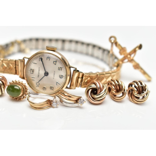 37 - A LADIES 9CT GOLD WATCH AND JEWELLERY, a ladies manual wind 'Regency' wristwatch, round silver dial,... 