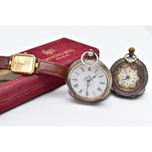 38 - A 'RAYMOND WEIL' 18K GOLD PLATED WRISTWATCH AND TWO POCKET WATCHES, quartz movement, rectangular dia... 