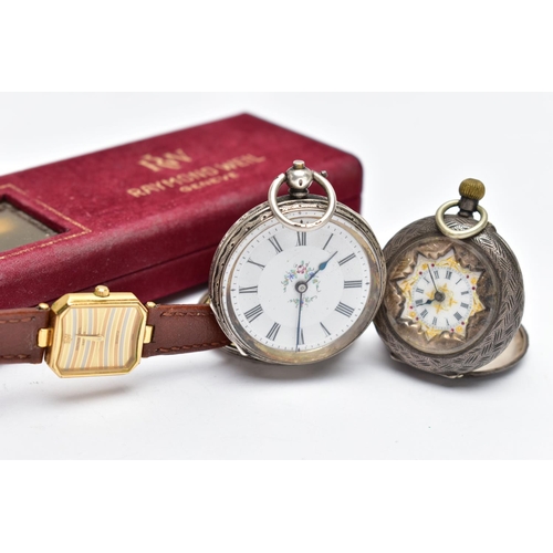 38 - A 'RAYMOND WEIL' 18K GOLD PLATED WRISTWATCH AND TWO POCKET WATCHES, quartz movement, rectangular dia... 