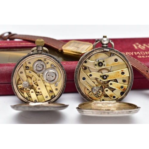 38 - A 'RAYMOND WEIL' 18K GOLD PLATED WRISTWATCH AND TWO POCKET WATCHES, quartz movement, rectangular dia... 