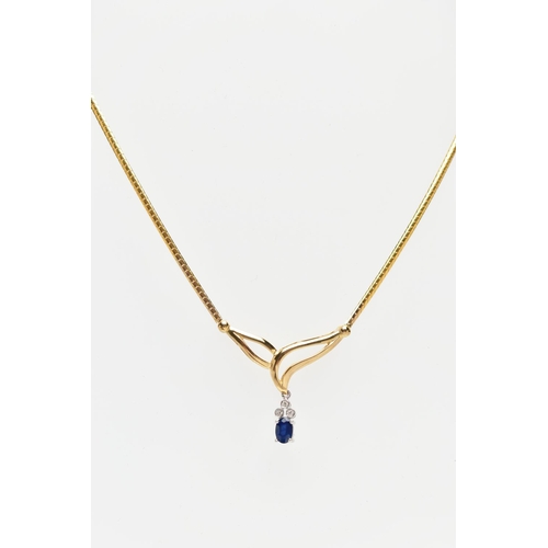 42 - A 9CT YELLOW GOLD, SAPPHIRE AND DIAMOND NECKLACE, V-shape openwork pendant suspending a four claw se... 