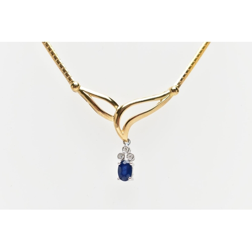 42 - A 9CT YELLOW GOLD, SAPPHIRE AND DIAMOND NECKLACE, V-shape openwork pendant suspending a four claw se... 