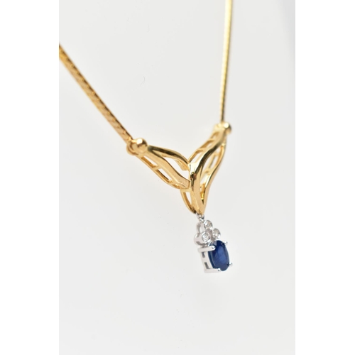 42 - A 9CT YELLOW GOLD, SAPPHIRE AND DIAMOND NECKLACE, V-shape openwork pendant suspending a four claw se... 