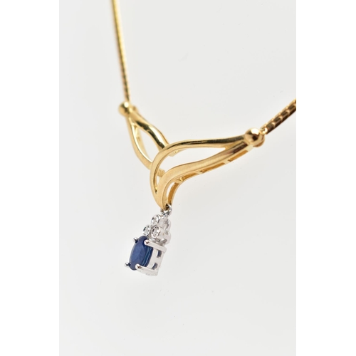 42 - A 9CT YELLOW GOLD, SAPPHIRE AND DIAMOND NECKLACE, V-shape openwork pendant suspending a four claw se... 