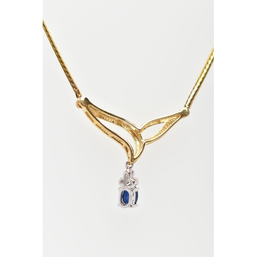 42 - A 9CT YELLOW GOLD, SAPPHIRE AND DIAMOND NECKLACE, V-shape openwork pendant suspending a four claw se... 