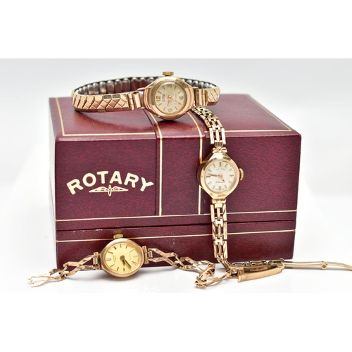 44 - THREE LADIES 9CT GOLD WRISTWATCHES, the first a manual wind 'Rotary' watch with a round silver dial ... 